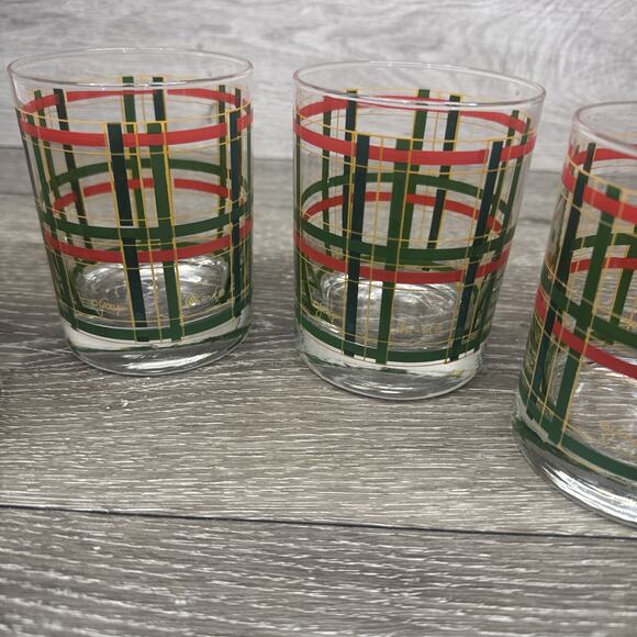 Georges Briard Rocks Glass Double Old Fashioned Red Green Gold Plaid 12oz~4 Pc - Picture 5 of 10